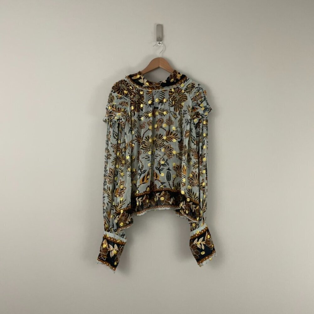 Farm Rio Silver Metallic Floral Beehive Tapestry Long Sleeve Blouse Size Large